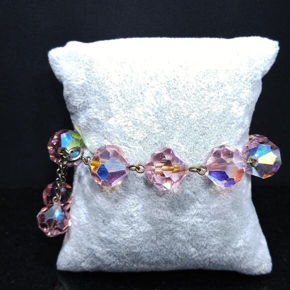 Vintage 1960s  Pink Large Beaded Crystal Dangle Bracelet - Picture 2 of 10